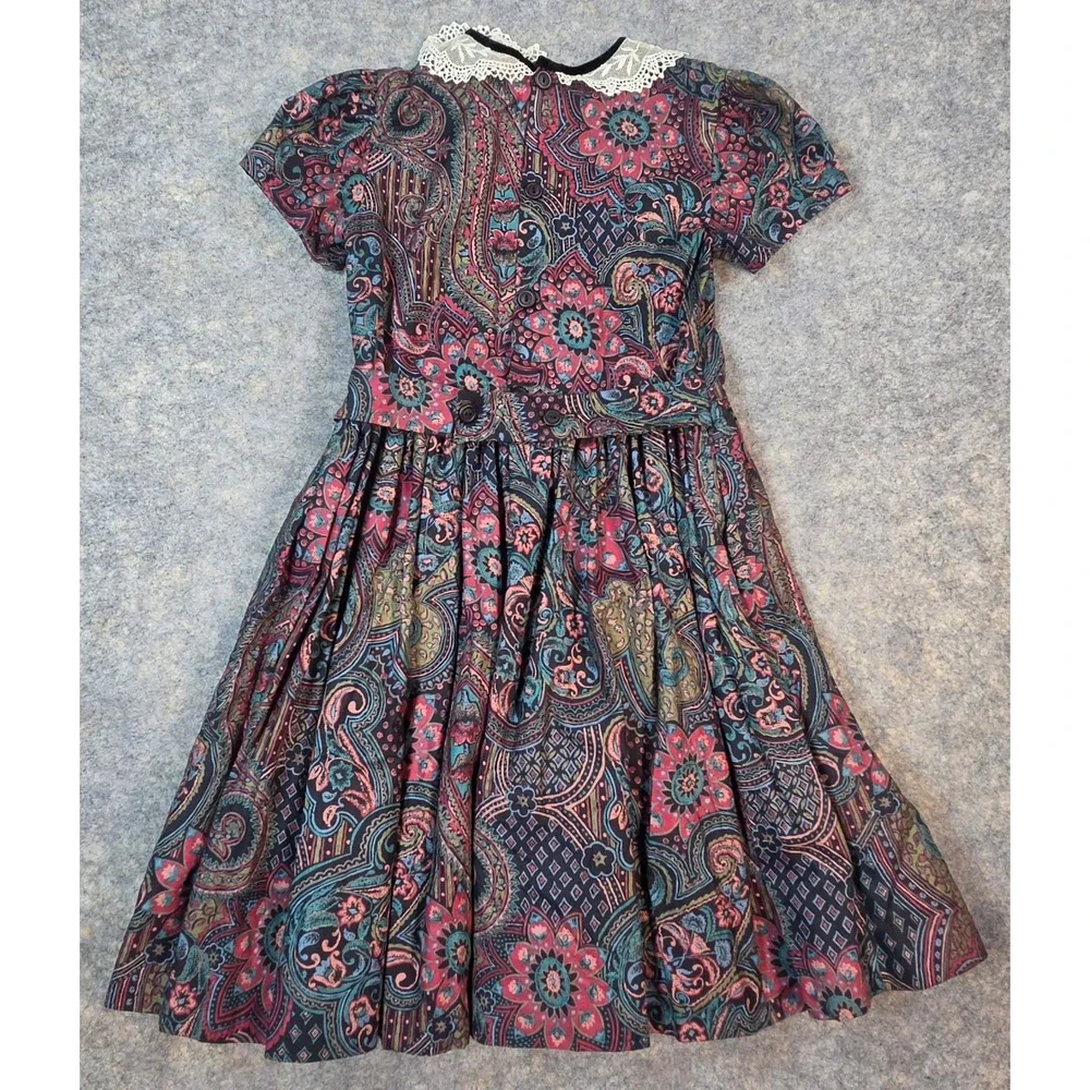 Jayne Copeland True Vintage Girls Floral Lace Collar Dress Sz 6X USA Cottagecore